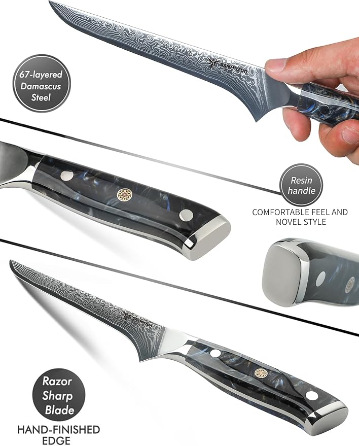 7 inch Fillet Knife, VG10 Damascus Steel Fish Boning Knife with Resin Handle - Xuan Series (Starry Black)