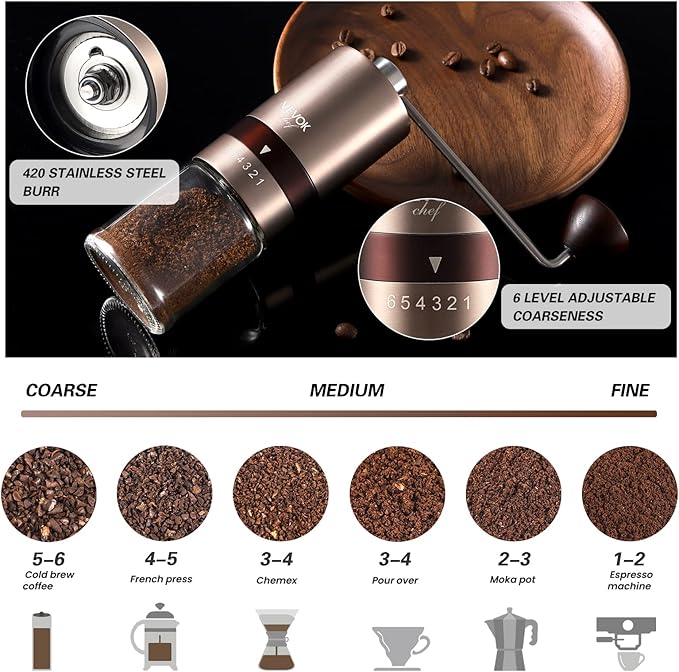 VEVOK CHEF Gold Manual Coffee Grinder Stainless Steel Burr Coffee Grinder with Portable Bag External Adjustable Setting Small Hand Coffee Grinder Ultra Fine for Espresso at Home Morning Coffee