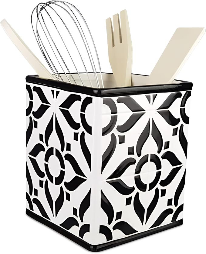 Young's Inc Moroccan Tile Design Tool Holder with Wood Kitchen Tools, Ceramic Utensil Holder for Kitchen Counter, Cooking Spoon & Spatula Holder for Counter with Utensils, 6-inch Height