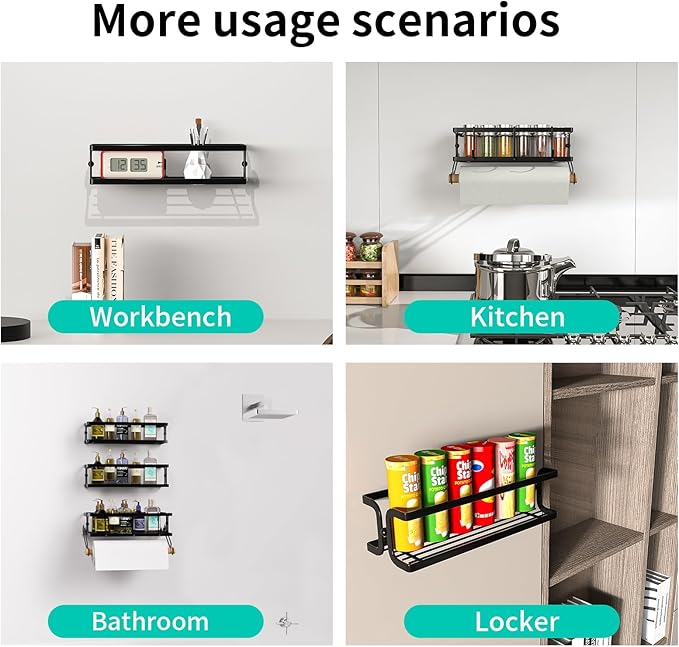 3 Pack Spice Racks Wall Mount With Paper Towel Holder and Hooks for hanging,Space Saving Spice Rack Organizer for Spice Jars and Seasonings, Spice Organization for Cabinet, Pantry,Black