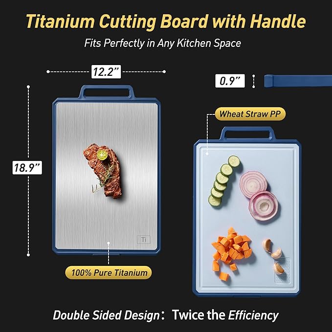 Titanium Cutting Boards for Kitchen Chopping Board with Handle Large Big Small Kitchen Meat Butcher Block Double Sided Pure Titanium and Wheat Straw PP Not Wood Bamboo Plastic Teak Morandi Blue