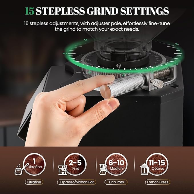 Huanyu Professional Coffee Grinder with 74mm Flat Burr 53ounce Bean Hopper 15 Infinite Grinding Settings Electric Coffee Grinder with Touching Screen Black