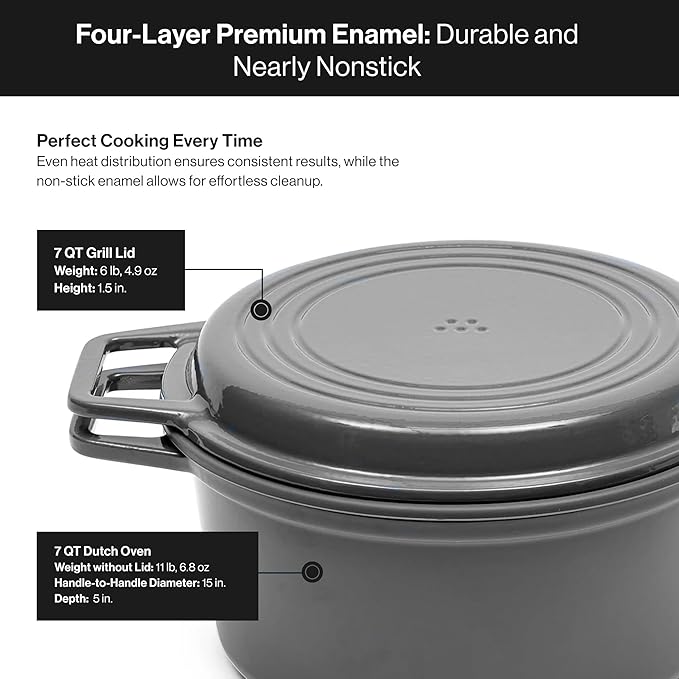 Misen 7 QT Enameled Cast Iron Dutch Oven - Chip-Resistant Enamel Coating - Thick Iron Core For Heat Retention - Large Cooking Surface - Oven Safe, Induction Compatible - Grill and Silicone Lid, Gray