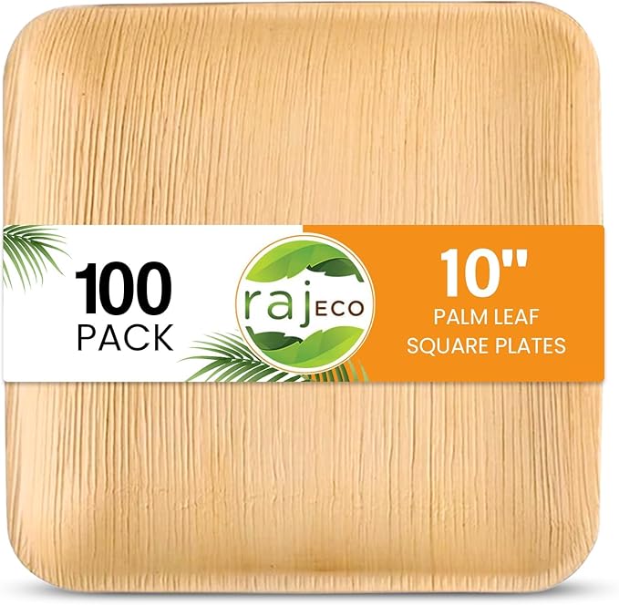 Raj Eco Compostable Palm Leaf Plate Like Bamboo Plates Disposable - 10 Inch Square 100 Party Plates, Natural Wooden, Eco-Friendly, Fancy Biodegradable & Disposable Wedding Picnic Plate