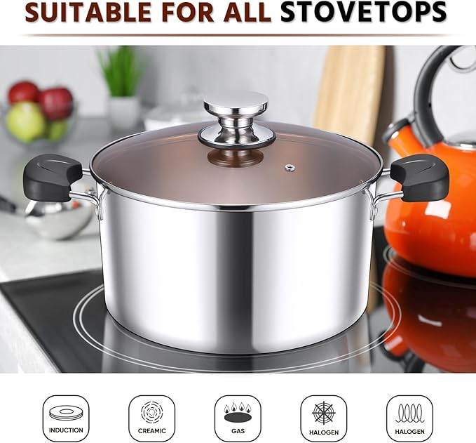 E-far 6-Qt Stainless Steel Stock Pot, Triply Stockpot with Lid for Cooking Simmering Soup Stew, Heavy Duty Cookware Works w/Induction, Non-toxic & Corrosion Resistant, Dishwasher Safe
