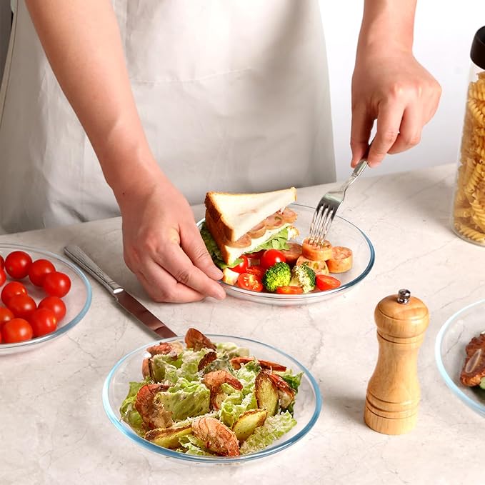 NUTRIUPS 6 Pack 8in Glass Plates - with Lipped Edge - Clear Glass Plate, Tempered Glass Plates Set of 6, Clear Appetizer Plate, Dishwasher & Microwave Safe