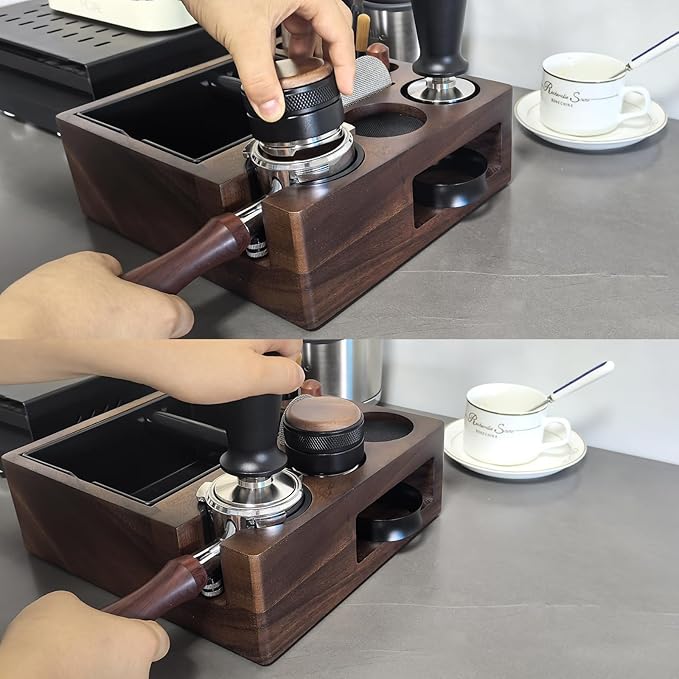Espresso tamping station and knock box,Wooden portafilter holder,Espresso organizer station box,Tamping station fit for storage 51/54/58mm coffee accessories,Multifunctional espresso station