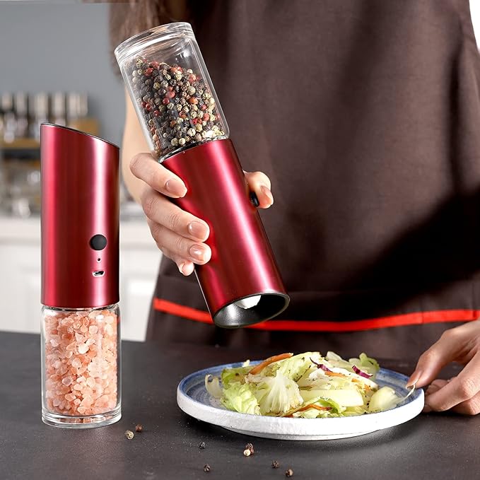 Vzaahu Gravity Electric Pepper and Salt Grinder Set of 2 - Rechargeable, Refillable, Adjustable Coarseness, Stainless Steel Seasalt Peppermill with LED light - One Hand Operation (Red)