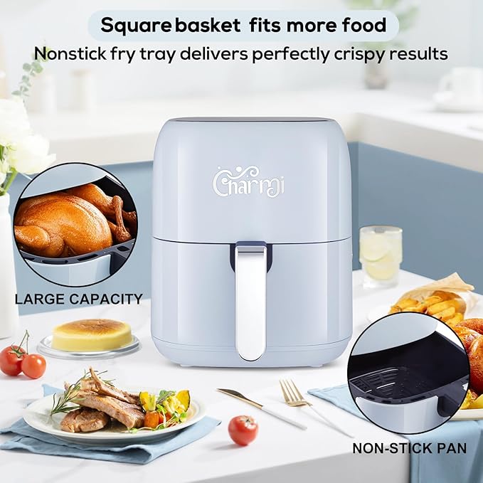 Charmi 5QT Air Fryer – Beautiful Retro Design, Stylish Countertop Look, Nonstick & PFAS-Free, Safe Auto Shutoff, Digital Touchscreen, 8 Cooking Presets (Pastel Blue)