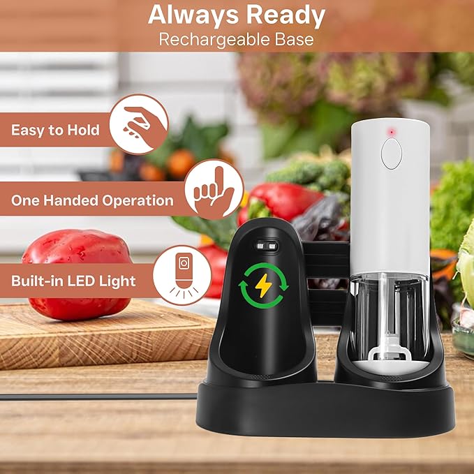 Electric Salt and Pepper Grinder Set – Automatic One-Handed Operation, Rechargeable ABS Mills, LED Light, 5-Level Adjustable Coarseness, Large 95ml Capacity and Charging Base