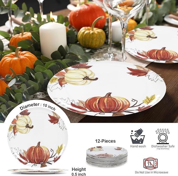 12pcs Melamine Dinner Plates,10 Inch Pumpkin & Autumn Leaf Decorations Plate,Reusable Melamine Dishes Set for Thanksgiving & Fall Decor Party, Ideal for Salad,Dessert,Fruit and Cakes