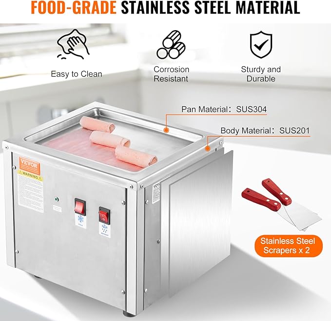 VEVOR Commercial Ice Roll Maker,Stir-Fried Yogurt Cream Machine 220W, Ice Cream Roll Machine with 9.4" x 11" Square Pan, Button Defrost Method with Food Shovels Perfect for Bars,Cafes Dessert Shops