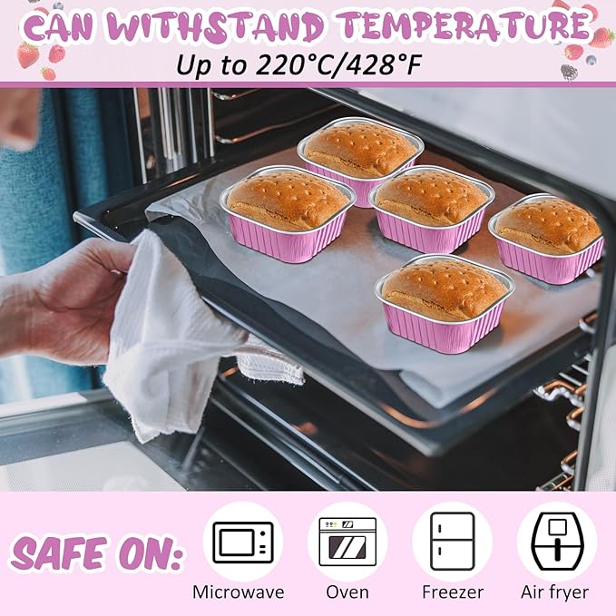 Aoriher 150 Pieces 10 oz Mini Cake Pans with Lids Aluminum Foil Baking Cups Square Disposable 4" x 4" Large Cupcake Cups Baking Tins for Kitchen Brownie Pudding Desserts Holders(Rose Red)