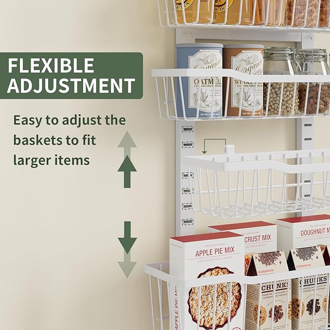 Over The Door Organizer,8-Tier Over The Door Pantry Organizer with Adjustable Baskets,Metal Hanging Pantry Organizers and Storage for Kitchen, Back of Door Seasoning Rack (White)