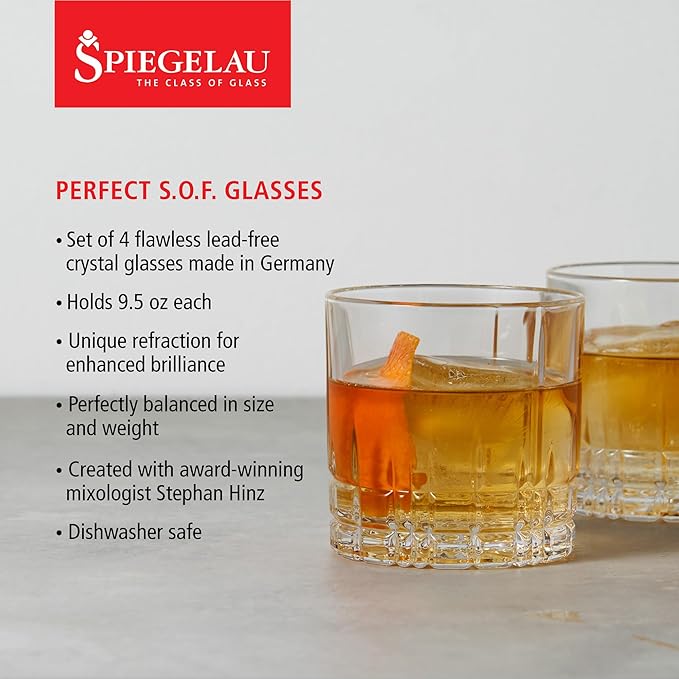 Spiegelau Perfect Serve Single Old Fashioned Glass Set of 4 - Lowball Cocktail Glasses, European-Made Crystal, Dishwasher Safe, Professional Quality Cocktail Glass Gift Set - 9.5 oz