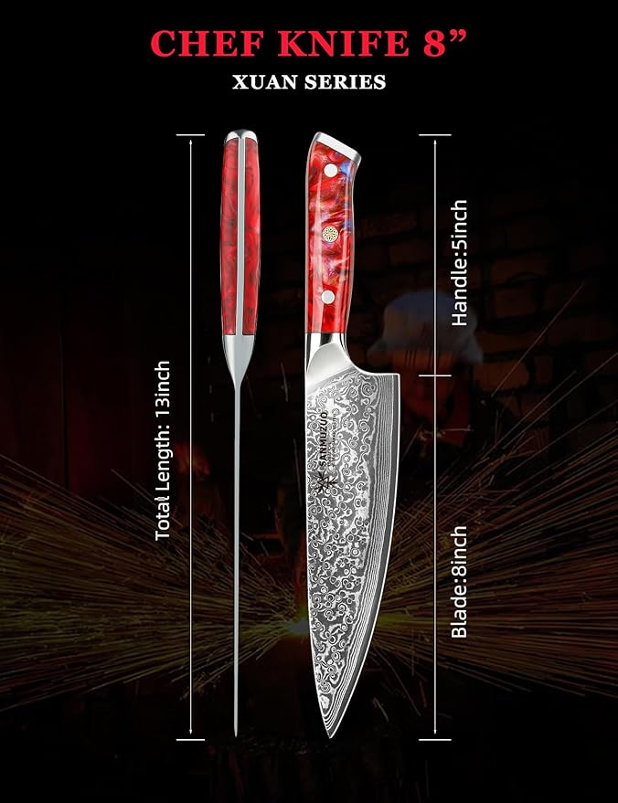 Chef Knife - 8 inch - Xuan Series - VG10 Damascus Steel Kitchen Knife - Resin Handle (Sunset Red)