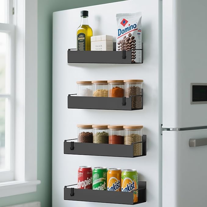 4 Pack Magnetic Spice Rack Organizer for Refrigerator and Oven, Movable Magnetic Hanging Kitchen Spice Rack with 4 Hooks, Black