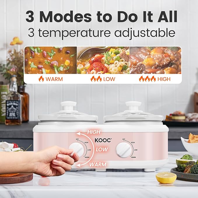 KOOC Double Small Slow Cooker, Buffet Server and Warmer, 2 Mini Pots with 3 Individual Adjustable Temp, Dual Ceramic Pots, Free Liners for Easy Clean-up, Stainless Steel, Total 2.5 Quart, Pink, Round