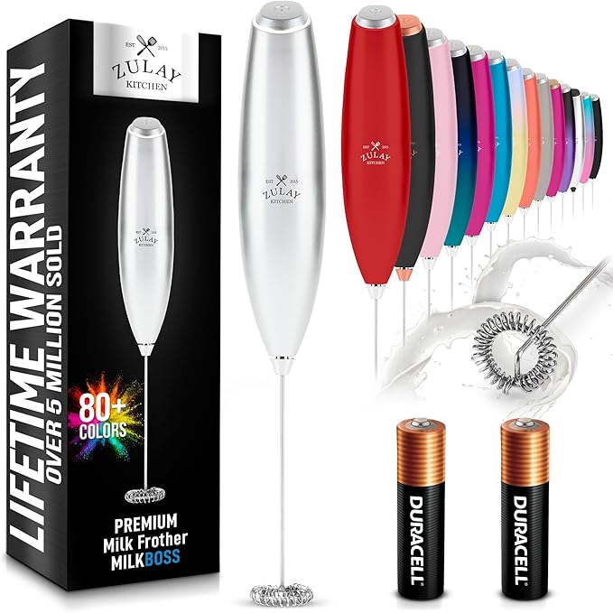 Zulay Kitchen Milk Frother Handheld Electric Whisk with AA Duracell Batteries – Durable Drink Mixer for Coffee, Lattes, Cappuccinos & More - Silver
