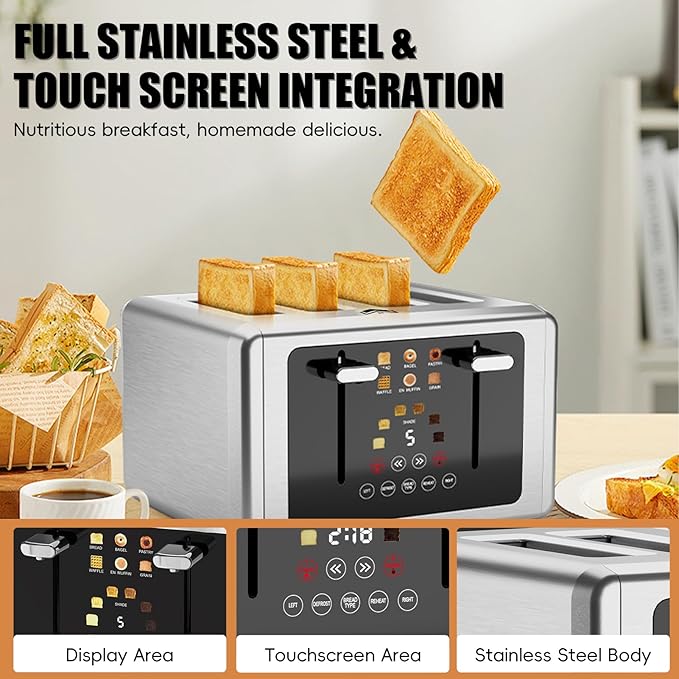 4 Slice Toaster, Touchscreen & Dual Independent Control Panel,5 Basic Functions & Digital Countdown Toasters, 6 Shade Settings&6 Bread Types, Smart Bread Maker Mute/Screen-Off,Brushed steel
