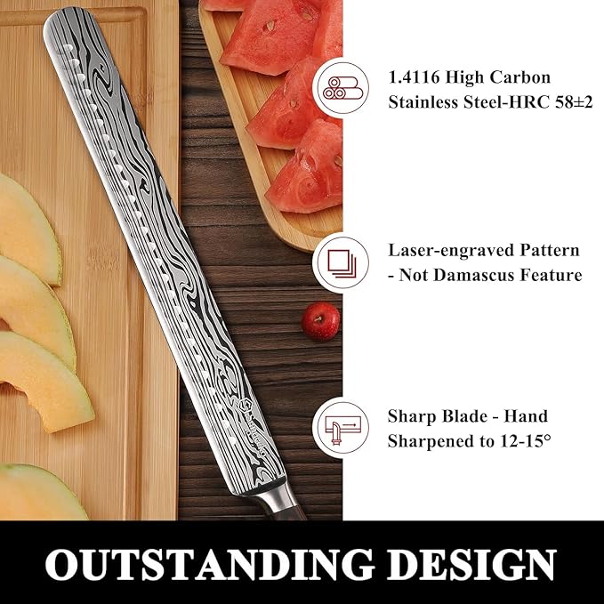 Sunnecko 12 Inch Carving Knife,Ultra Sharp High Carbon German Stainless Steel Brisket Slicing Knife for BBQ, Roasts, Turkey