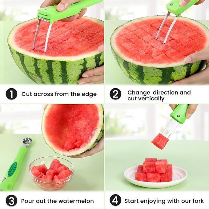 Premium Watermelon Cutter - 3 in 1 Watermelon Cutter Slicer Tool - Foldable Watermelon Slicer - Fruit Cutter for Kitchen Gadgets - Stainless Steel Watermelon Knife - Melon Baller Scoop