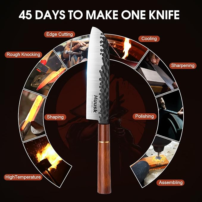 Huusk Japan Knife, 7 Inch Santoku Kitchen Knife, Professional Japanese Chefs Knife Hand Forged High Carbon Steel Sharp Chopping Knife, Ergonomic Rosewood Handle, for Meat, Fish, Gift for Dad