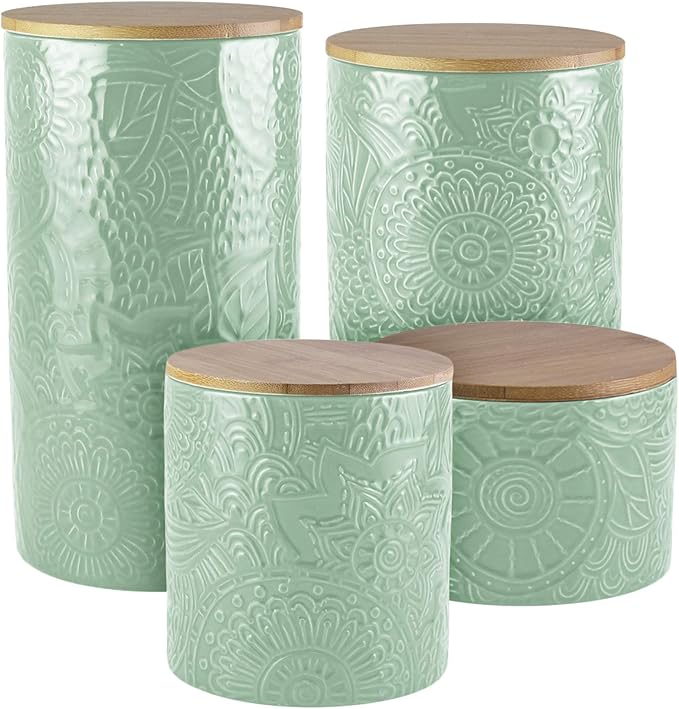 American Atelier Embossed Canister Set 4-Piece Ceramic Set Jar Container with Wooden Lids for Cookies, Candy, Coffee, Flour, Sugar, Rice, Pasta, Cereal & More Sage