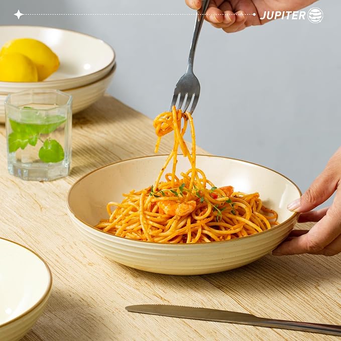 famiware Jupiter Pasta Bowls, 30 OZ Large Salad Bowls Set of 4, Microwave and Dishwasher Safe, Sturdy and Stackable, Serving Bowls for Kitchen, Vanilla White