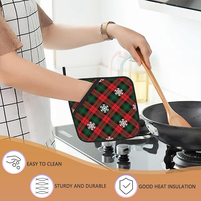 Red Green Plaids Pot Holder Set of 2,Retro Christmas Plaid Kitchen Heat Resistant Potholder for Women Men BBQ Cooking Baking