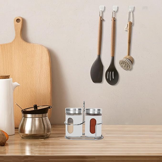 Glass Salt and Pepper Shaker Set with Seasoning Rack, Spice Rack, Adjustable Pour Hole Stainless Steel Lid, 2.8 oz, Spice Dispenser for Salt, Pepper, Spice Preservation (white)