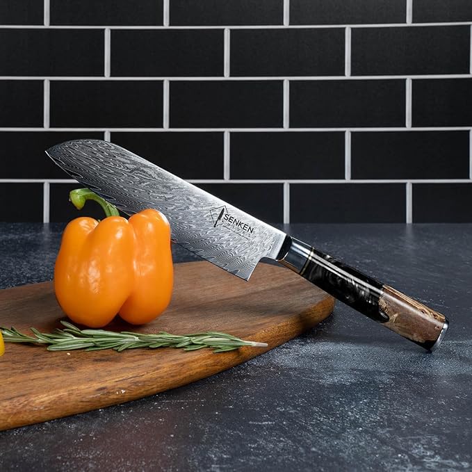 SENKEN 7-Piece Damascus Kitchen Knife Set - Tsunami Collection - 67-Layer Japanese VG10 Steel - Chef's Knife, Cleaver, Santoku, Bread, Boning, & More (Black Resin Blend)