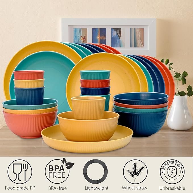 Wheat Straw Dinnerware Sets for 8, Osonm 32PCS Unbreakable Reusable Plastic Dinner Plates Dessert Plates Bowls Cups Set, Dishwasher Microwave Safe Dishes Set for Camping RV Kitchen Dorm (Multicolor)