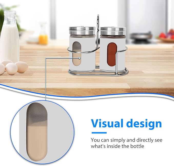 Glass Salt and Pepper Shaker Set with Seasoning Rack, Spice Rack, Adjustable Pour Hole Stainless Steel Lid, 2.8 oz, Spice Dispenser for Salt, Pepper, Spice Preservation (white)