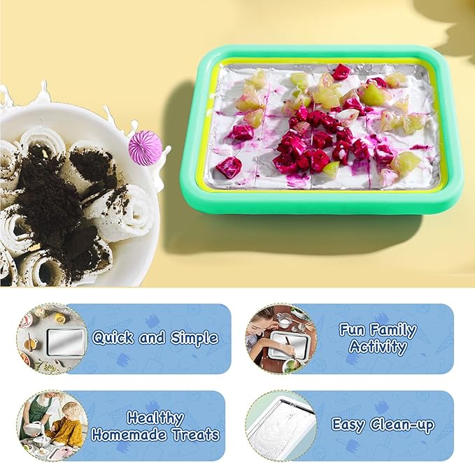 Mini Rolled Ice Cream Maker, Frozen Yogurt Rolls Tray, Instant Cold Plate Ice Cream Maker, Homemade DIY Smoothies, Ideal for Family Hands-on Activities (Mint Green)