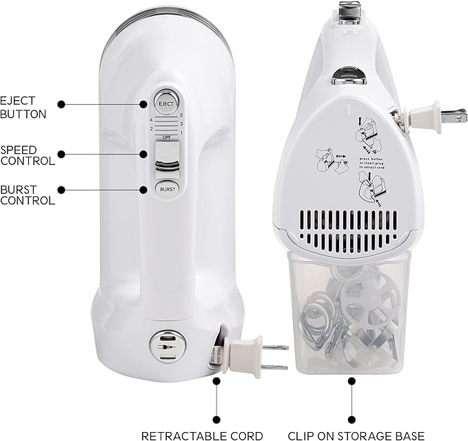 Kenmore Electric Hand Mixer - Kitchen 5 Speed Handheld Blender With Whisk, Beater, Dough Hook, Attachments Storage Case Batidora De Mano, Turbo Boost, Appliance For Cake Mix, Eggs, Whipping Cream