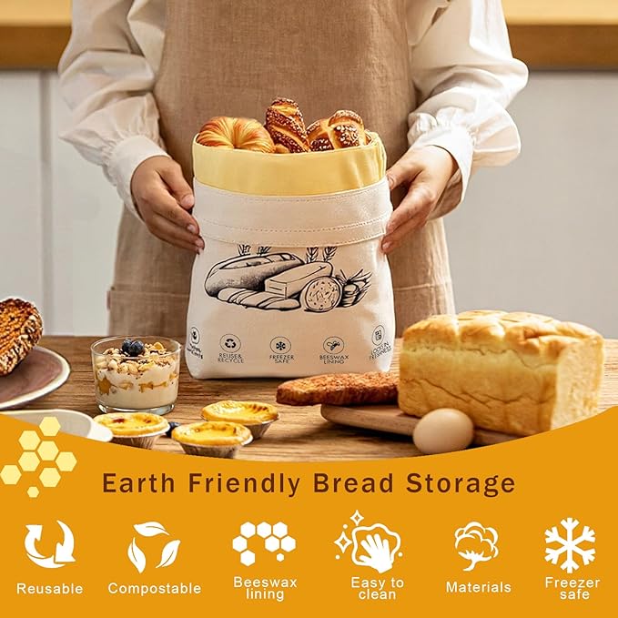 2-Pack Reusable Beeswax Bread Bags for Sourdough & Homemade Bread,Cotton Waxed Bags Keeps Fresh Longer(Ivory Loaf)