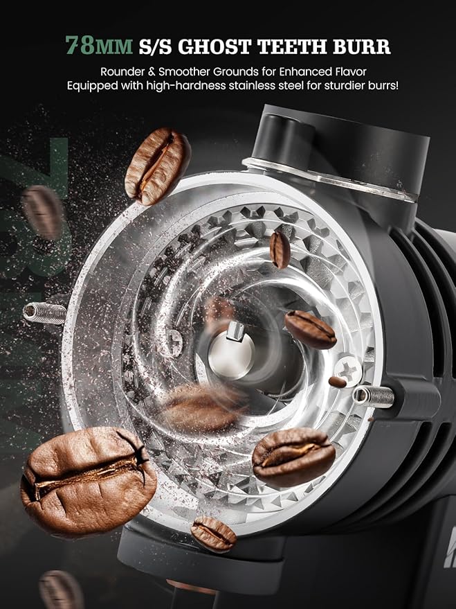 Huanyu Electric Coffee Grinder Stainless Steel Ghost Teeth Burr Coffee Grinders for Home Use with Light-Shielding Hopper for Pour over Black