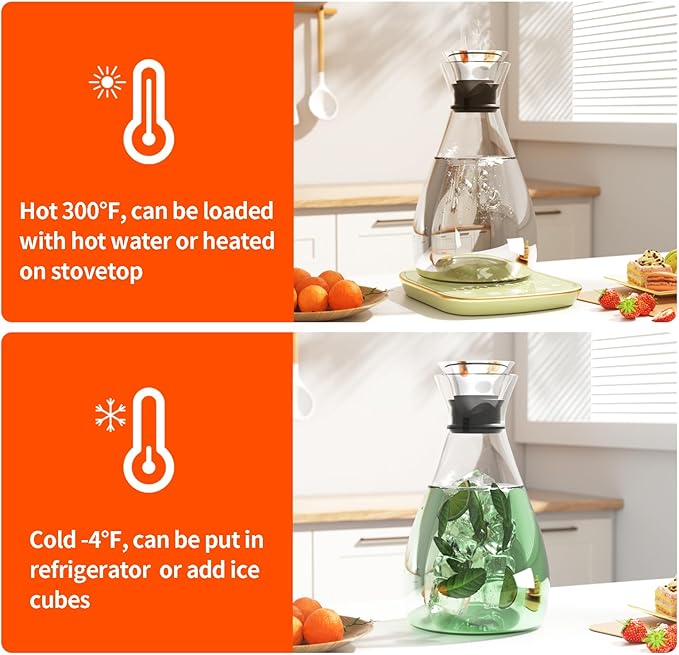 Glass Pitcher with Lid, 52 Ounces Juice Pitcher High Borosilicate Drip-free Glass Carafe Easy Pour Gallon Pitcher for Hot/Cold Water, Ice Tea, Juice Beverage, Transparent
