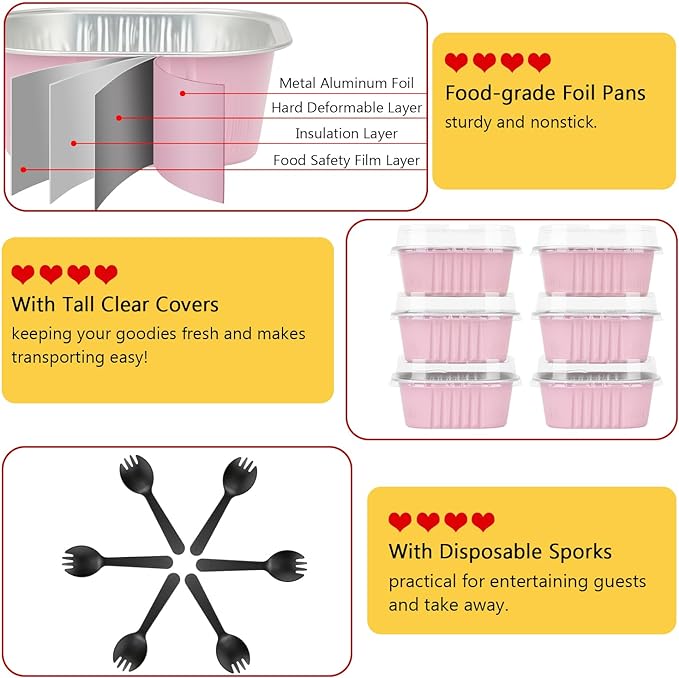5oz/80pack Mini Cake Tins Cupcake Pan with Lids,LNYZQUS Aluminum Foil Baking Cups,Disposable Ramekins Small Brownie Muffin Pans Mini Cheesecake Containers for Home Bakery-Pink