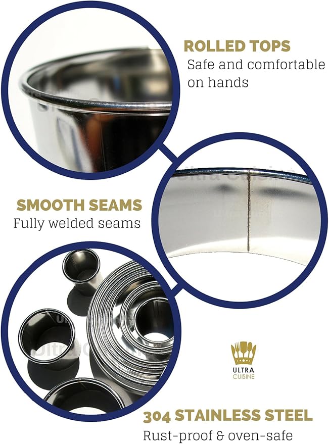 Ultra Cuisine 11 Piece Small Circle Cookie Cutter Set - Graduated Round Cookie Mold Cutter For Donuts & Scones - Heavy-Duty Stainless Steel w/3 Pastry Ring Cookie Cutters For Baking - Food Rings