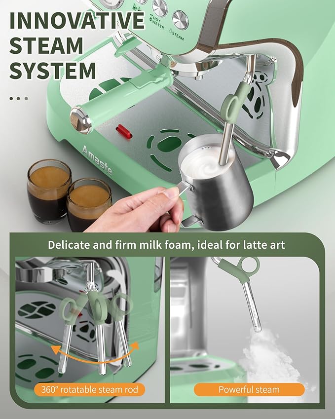 Amaste Espresso Machine with Grinder, 15 Bar Espresso Machine with Steam Wand for Latte and Cappuccino, 68Oz Water Tank, Pre-Infuse Brewing, Espresso Coffee Maker for Home Use, Barista Kit, Green