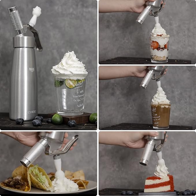 CURTA Professional Whipped Cream Dispenser, Premium Aluminium Cream Whipper, Cream Maker with 3 Decorating Tips, 500ml / 1 Pint Canister, N2O Chargers (Not Included) …