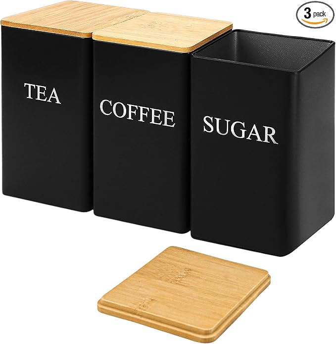 Set of 3 Coffee, Tea, and Sugar Canister Black Iron – Kitchen Storage Jars with Bamboo Lid and Name Marker – Simple Flour Container (6x3 Inch, 33 OZ)