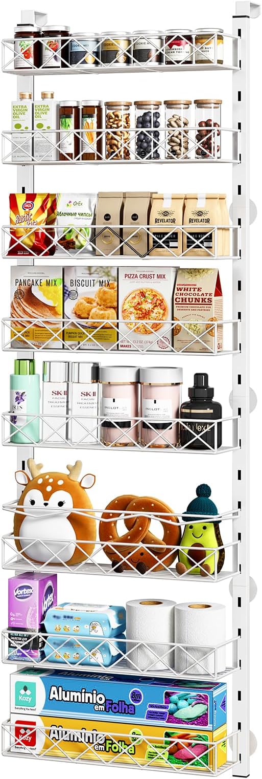 MIAOLI Over the Door Organizer, White 8-Tier Pantry Door Organizer with Adjustable Basket, Hanging Spice Rack Cabinet Door Shelves, Laundry Room Organization and Storage