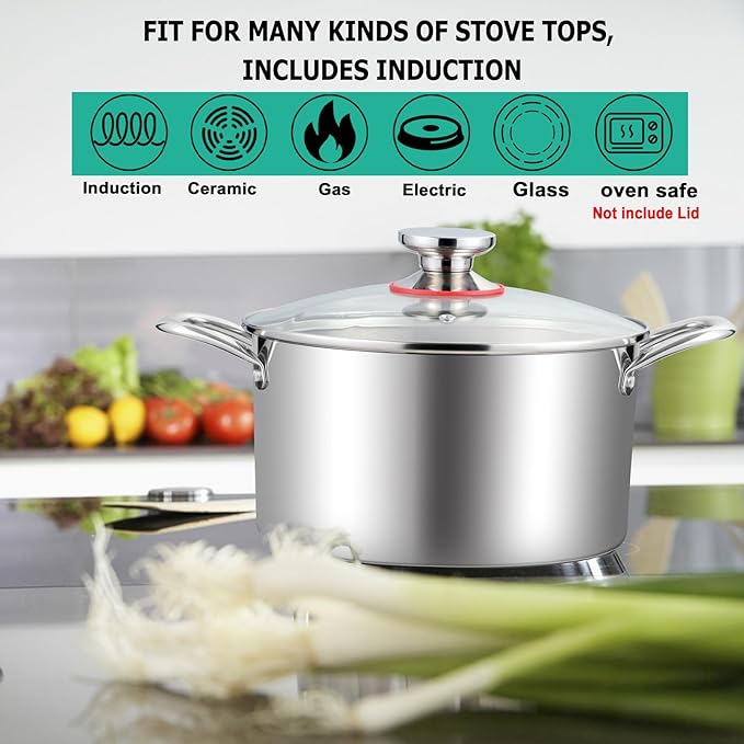 TeamFar 6 Quart Stock Pot, Stainless Steel Tri-Ply Cooking Pasta Pot with Tempered Glass Lid for Induction/Electric/Gas/Ceramic, Healthy & Sturdy, Double Riveted Handles & Dishwasher Safe