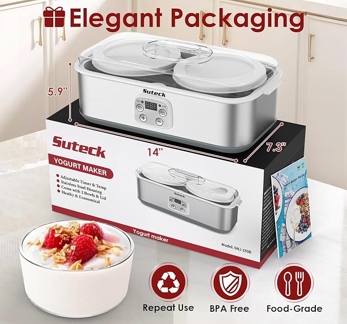 Suteck Yogurt Maker - Stainless Steel Yogurt Makers with Adjustable Time & Temp Control,Automatic Shut-Off & Constant Temper for Homemade Greek, Probiotic Yogurt, BPA-Free 2 Yogurt Bowls (2 Quart)