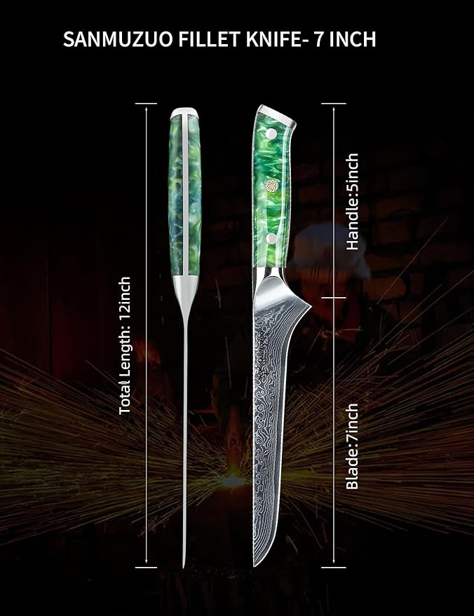 7 inch Fillet Knife, VG10 Damascus Steel Fish Boning Knife with Resin Handle - Xuan Series (Jade Green)
