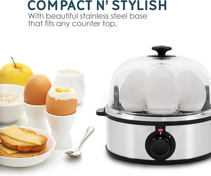 Elite Gourmet EGC648 Easy Electric Poacher, Omelet Eggs & Soft, Medium, Hard-Boiled Egg Boiler Cooker with Auto Shut-Off and Buzzer, Measuring Cup Included, BPA Free, Stainless Steel 7 Egg