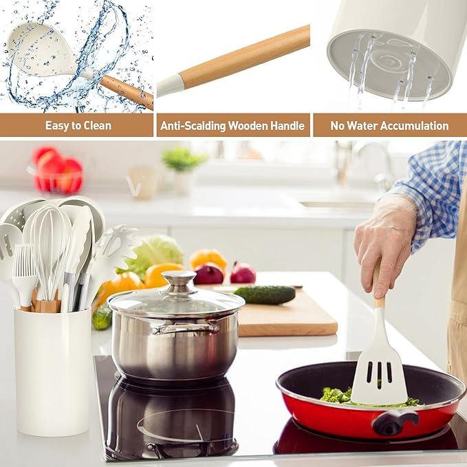 LIANYU 15 PCS Silicone Kitchen Utensils Set with Holder, Cooking Utensils set for Nonstick Cookware, Heat Resistant & Non Toxic Spatula Ladle Tong, White